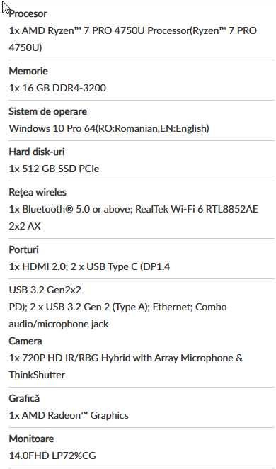 Vand laptop Lenovo T14 Ryzen 7 PRO 16 GB RAM 512SSD