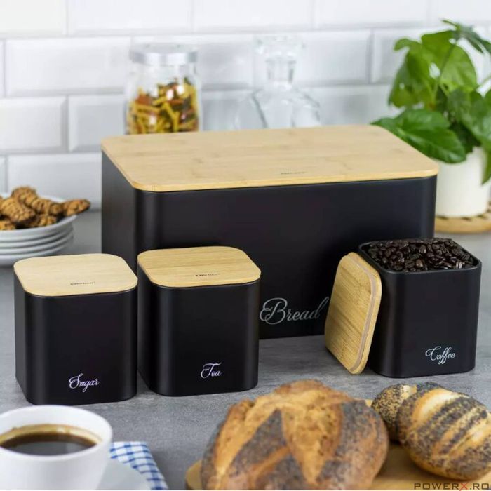 Set cutie paine si 3 recipiente pentru bucatarie, oțel-bambus, negru,