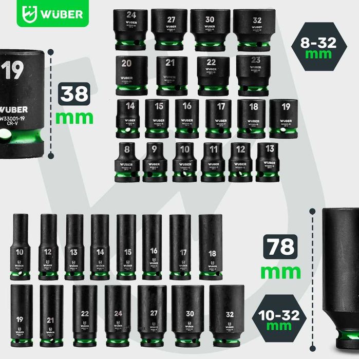 Set chei tubulare impact 1/2” Wuber, 35 piese