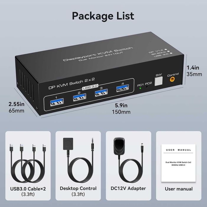 Switch Comutator KVM TJCXELE ​​Displayport,2 monitoare,2 PC,8K-4K
