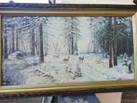 " Căprioare ", tablou splendid, peisaj de iarnă, 1980, ramă originală