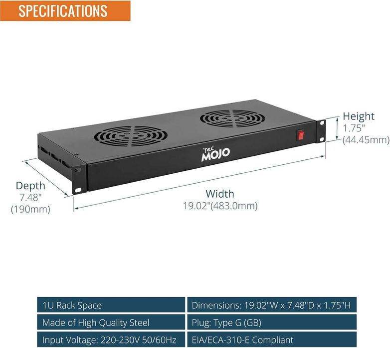 Tecmojo 1U 19'' охлаждащ блок за шкаф с 2 вентилатора