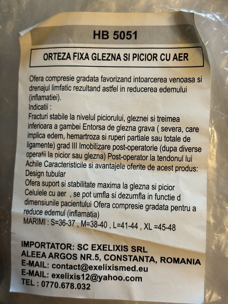 Orteza pentru glezna tip Walker cu perna de aer si reglaj inghi