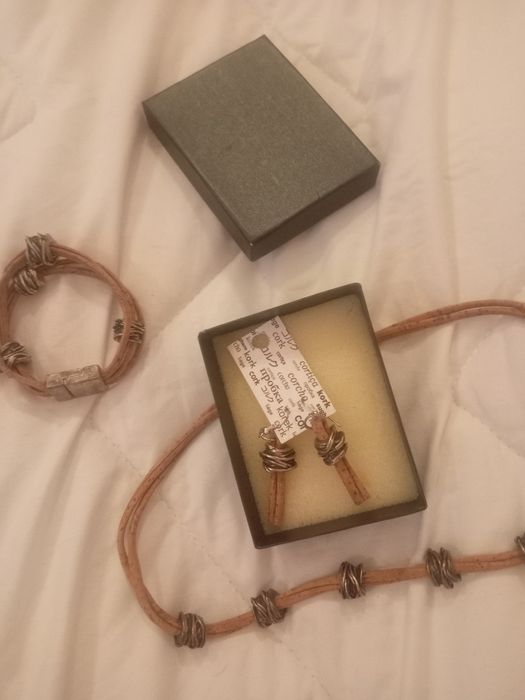 Колие с обеци и гривна от корк, посребрено