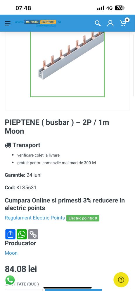 Pieptene buzbar 2P +3P 63 A 56 module 1m gewiss