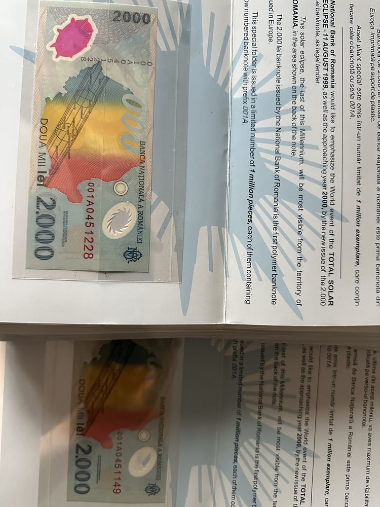 Serie rară 001A 30 bancnote consecutive 2000 lei Eclipsă 1999 țiplă