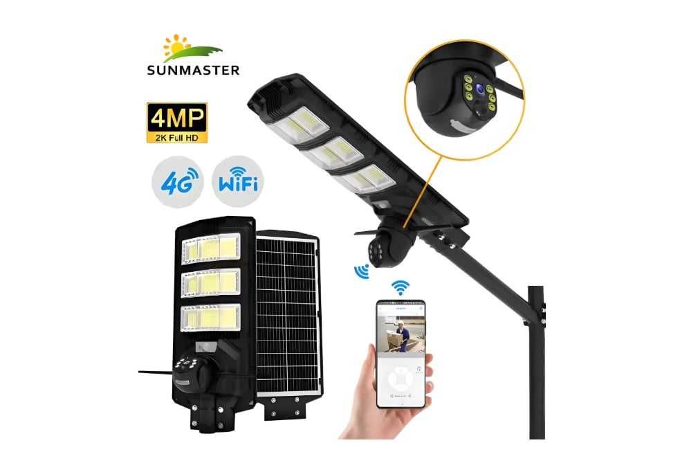 Lampa solara LED 450W cu camera de supraveghere WiFi/4G, 2K Full HD