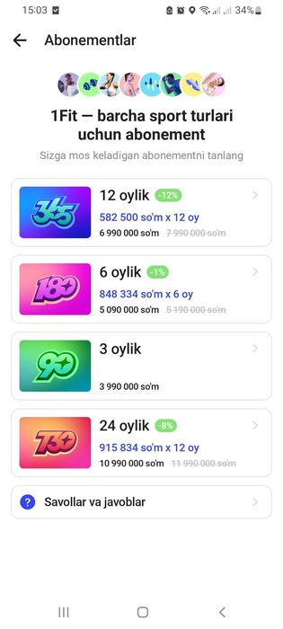 1 FIT 150 kunlik abonement.  5 oy Sogʼlom turmush bu sport.
