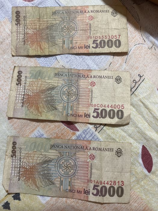 Set 3 bancnote 5.000 lei 1998 – Serii rare 001A, 001D și model 444005