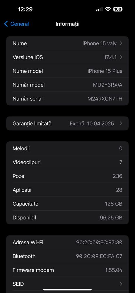 Vand / Schimb iphone 15 plus 128Gb black
