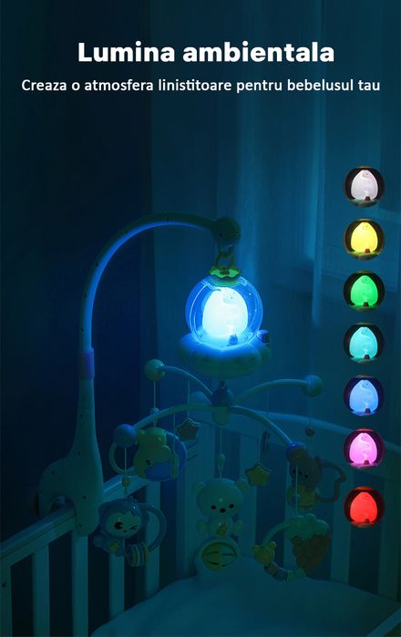 Carusel muzical bebe, IControl tactil, Melodii si Lumini, Rotire 360°