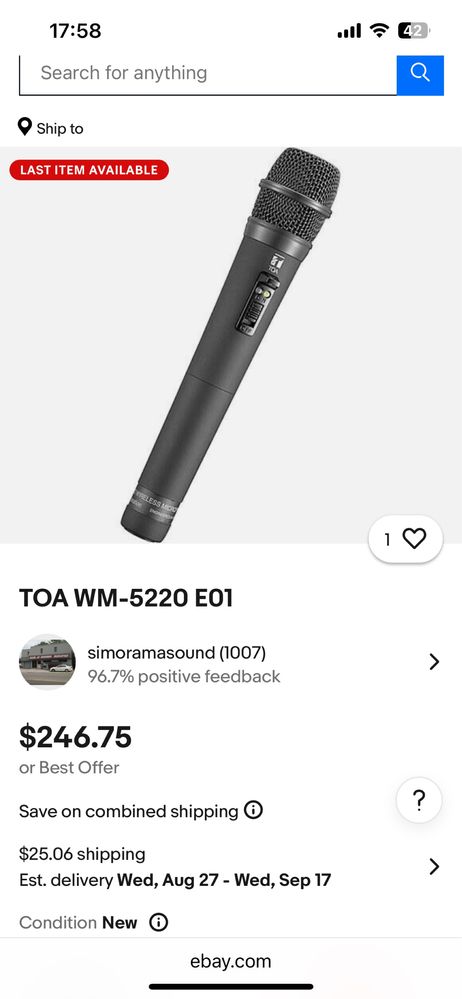 TOA WM-5220 UHF Wireless ръчен безжичен микрофон