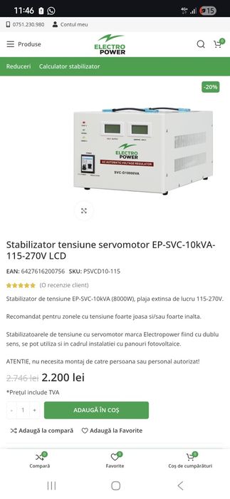 Stabilizator tensiune 10kva 8000w