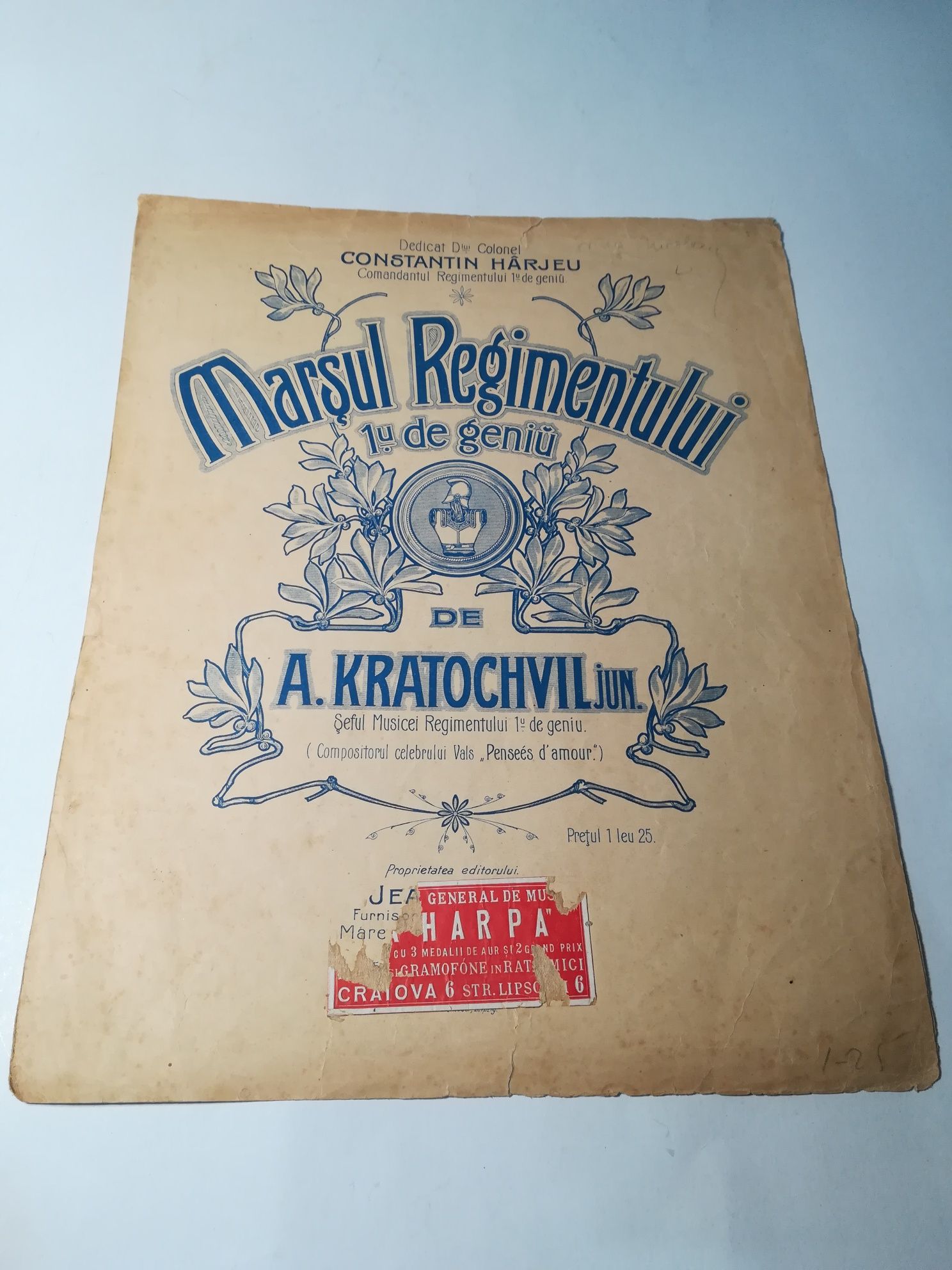 Partitura veche , Marșul Regimentului 1u de geniu,A Kratochvil, WW1
