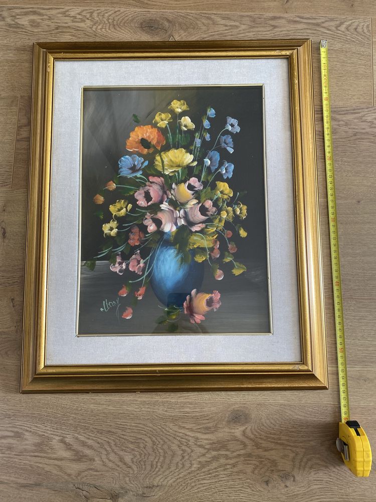 Tablou pictura ulei pe placaj buchet flori colorate (semnat)