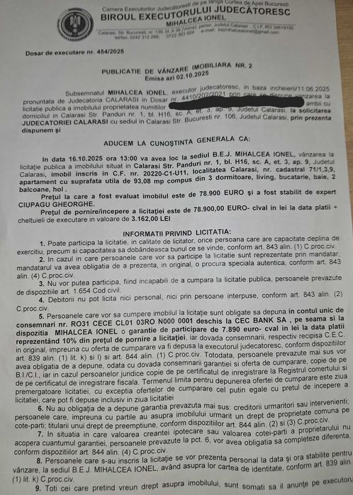 Apartament 4 camere Licitație publică