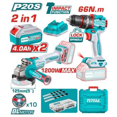 Комплект акумулаторни ударен винтоверт и ъглошлайф TOTAL 20V,2x4Ah