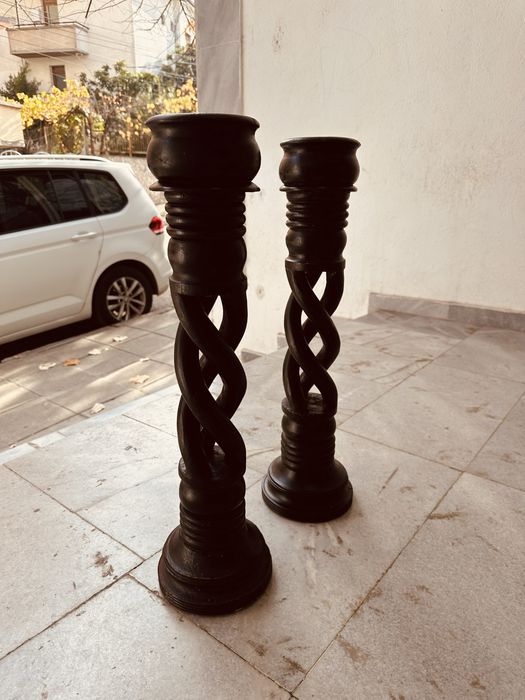 Масивни винтидж свещници от твърдо дърво – 63 см, датски