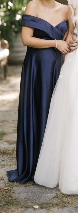 Сатенена официална тъмносиня рокля