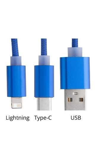 Scolt Кабел 3 в 1 USB, Lightning, micro USB и USB type C, син