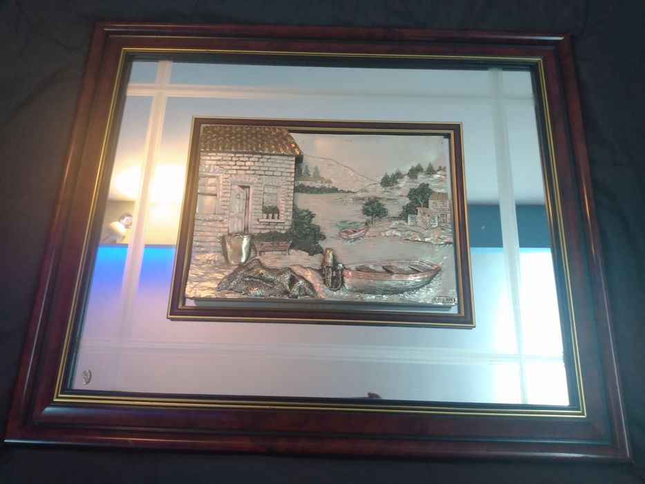 Tablou in relief argint 925, oglinda cristal, pescuit, lac de munte