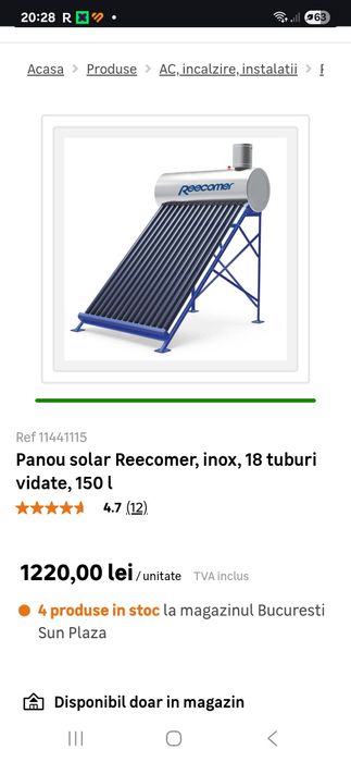 Panou solar Reecomer , inox, 15 tuburi, 120 l
