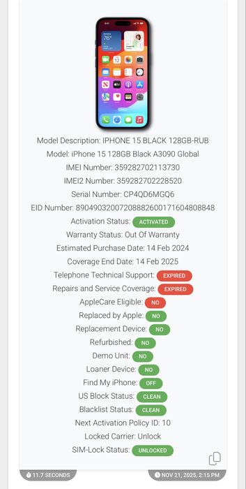 iPhone 15 Black 128GB 88% Neverlocked Negru