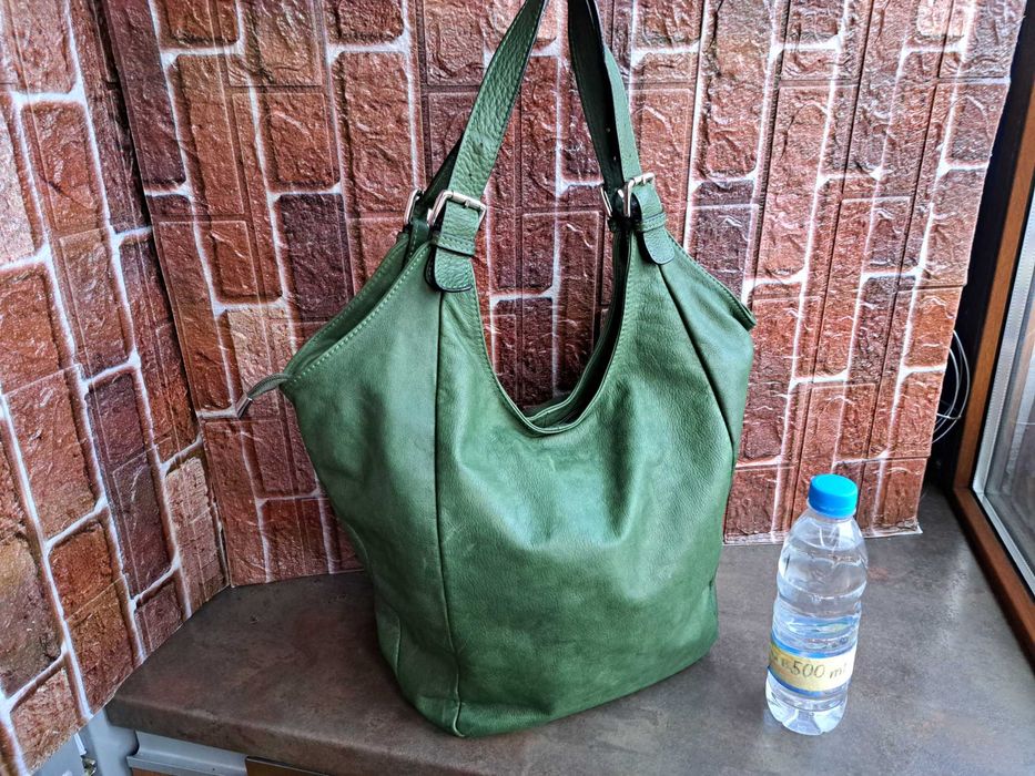 дамска чанта, голяма зелена торба-естествена кожа