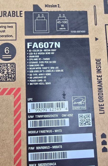 Ноутбук: ASUS TUF Gaming FA607N