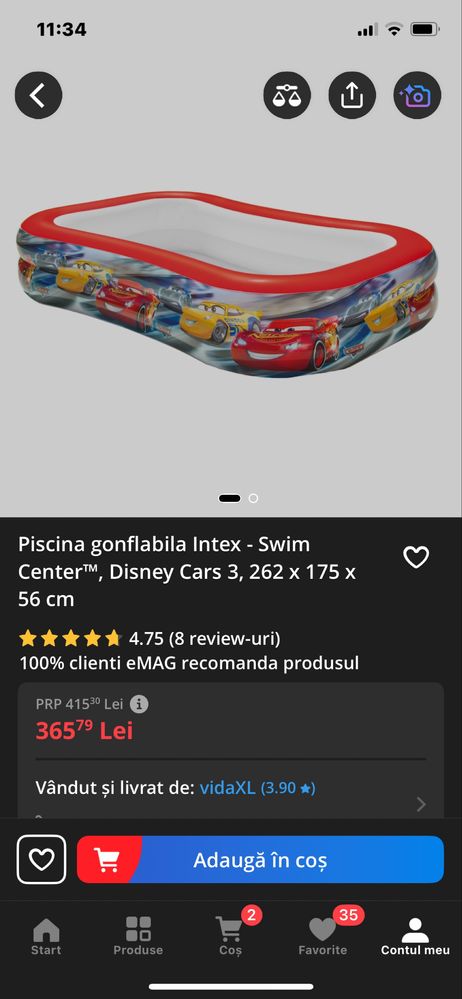 Piscina gonflabila Intex - Swim Center™, Disney Cars 3, 262 x 175 x 56