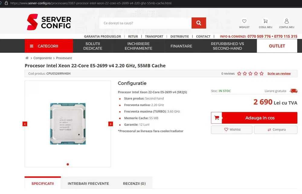 procesor intel xeon e5 2699 v4 SR2JS 3.8 ghz 22 core 44 thread