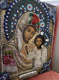 Старинна Руска ръчно рисувана икона на Казанска Богородица