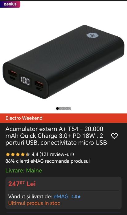 Acumulator extern A+ 20000mAh încărcare rapida QC3 2xUsB eMag ca NOU