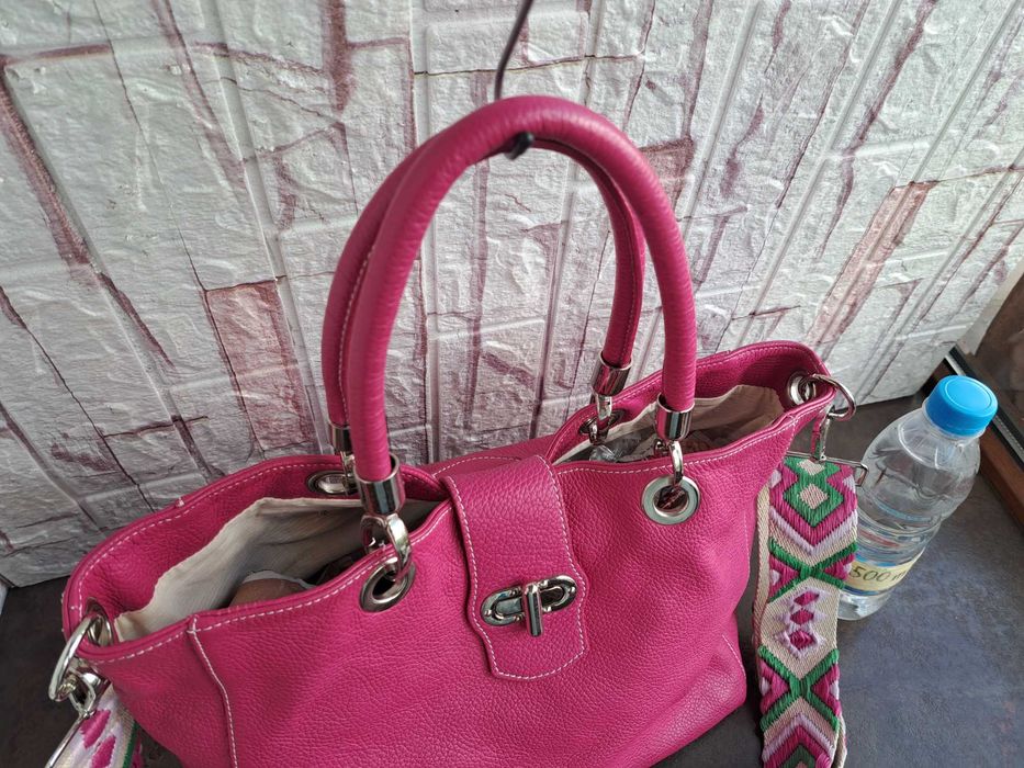 дамска чанта,цикламено розова кожена торба-естествена кожа