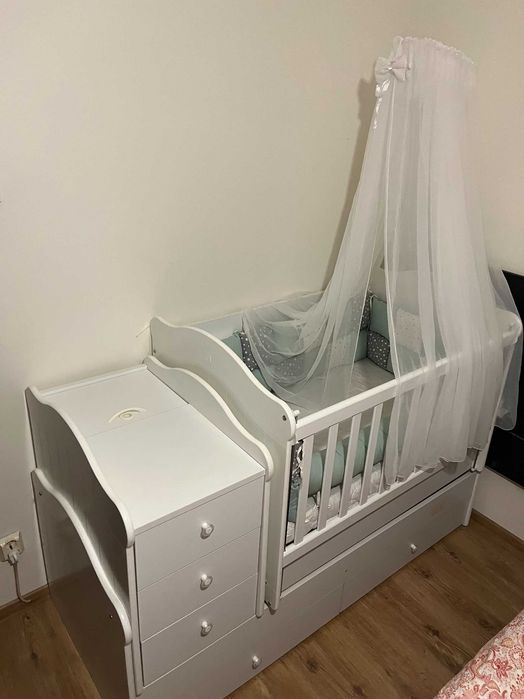 Patut Bebe Convertibil 3 in 1 din MDF,transformabil pat copil,saltea