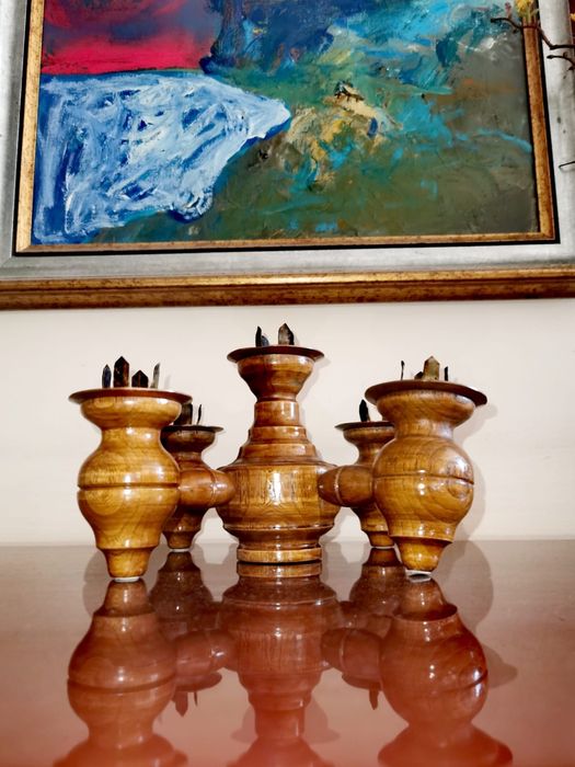 Антикварен дървен свещник за 5 свещи в стил Брутализъм ръчно изработен