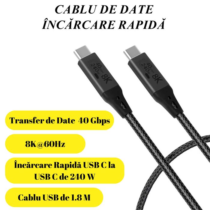 Cablu date USB cu Incarcare Rapida, 1,8 m, USB-C la USB-C, 8K 60Hz