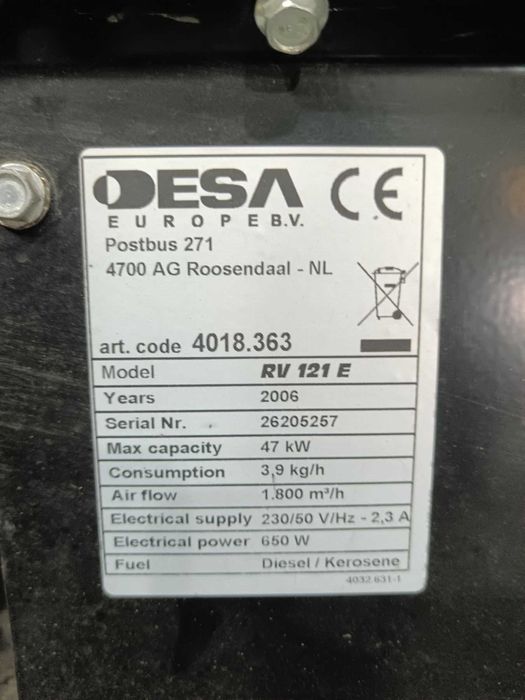 DESA RV 121 E – Дизелов/керосинов въздухонагревател (47 kW) торпедо