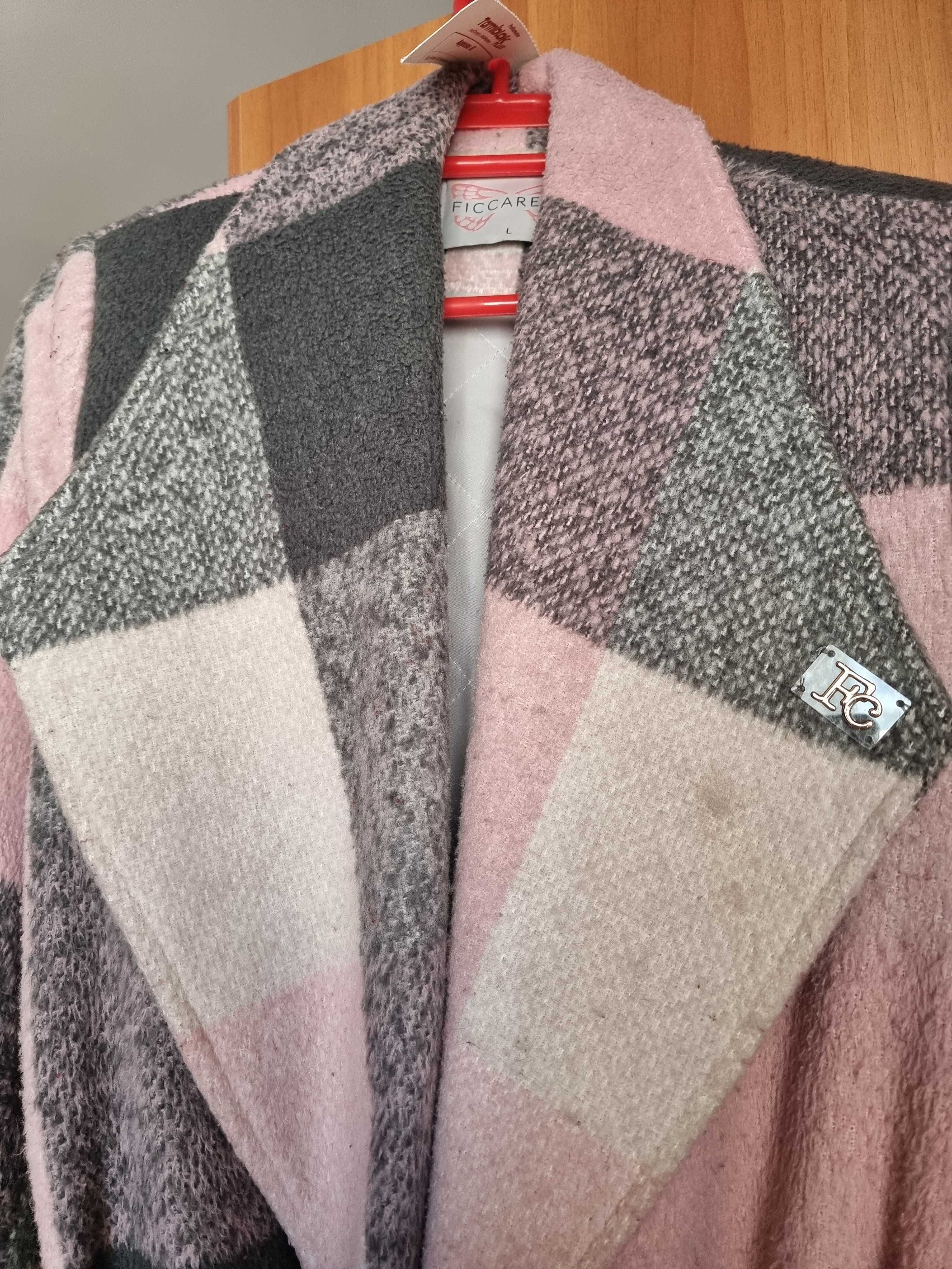 Palton modern roz/gri cu cordon talie