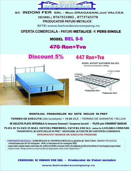 Pat Metalic Single - 1 persoana - Model S-6 - Oferta Speciala!