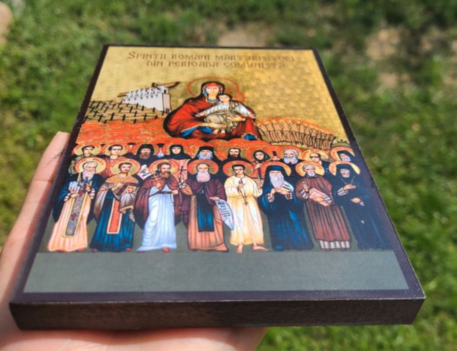 Icoana Maica Domnului si Sfintii Romani Litografie pe lemn icoana sfin