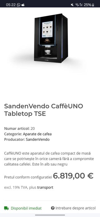 Espressor cafea SandenVendo CaffèUNO TSE
Tabletop TSE