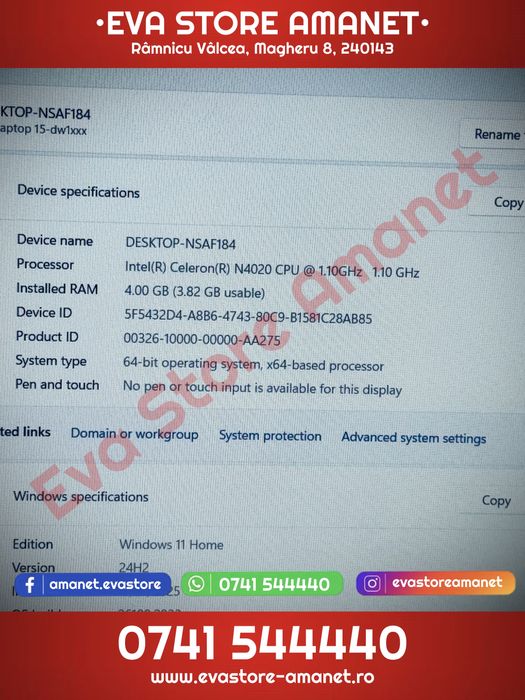 Laptop 15.6” HP Intel Celeron N4020 256GB SSD 4GB RAM Windows 11