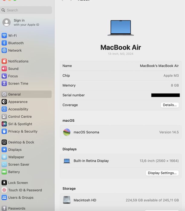 MacBook Air 13-inch / Apple M3 / 8 GB/ 256 GB / Ca nou |