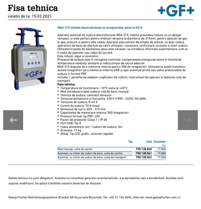 Aparat de Sudură prin Electrofuziune MSA 315 Georg Fischer GF+