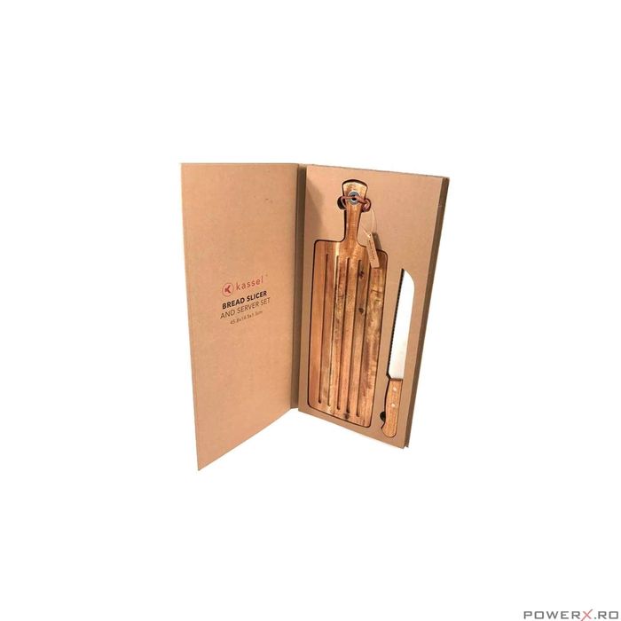 Set cutit si suport pentru taiat paine, inox si lemn masiv de salcam,