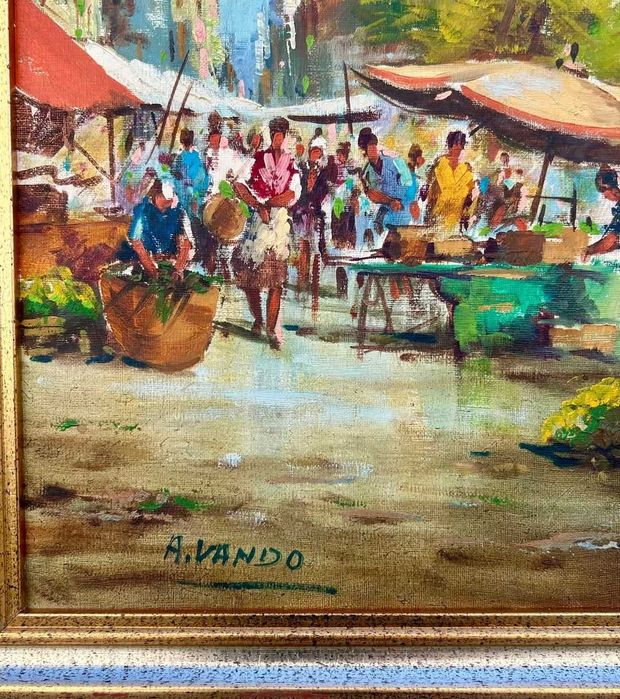 Tablou A Vando Peisaj dimineața în Piață pictura ulei pe pânză 35x55cm