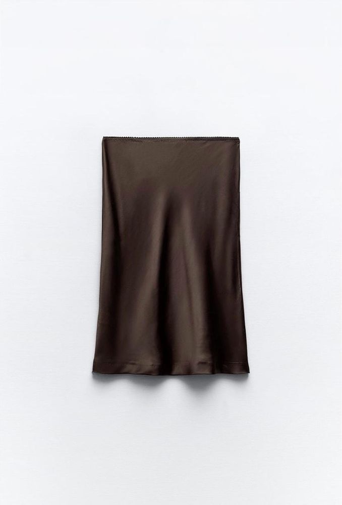 ZARA NEW юбка атласная шоколадно-коричневая с кружевом