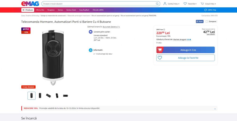 Telecomanda bariera/poarta/usa garaj pt HORMANN, REDUS de la 250RON