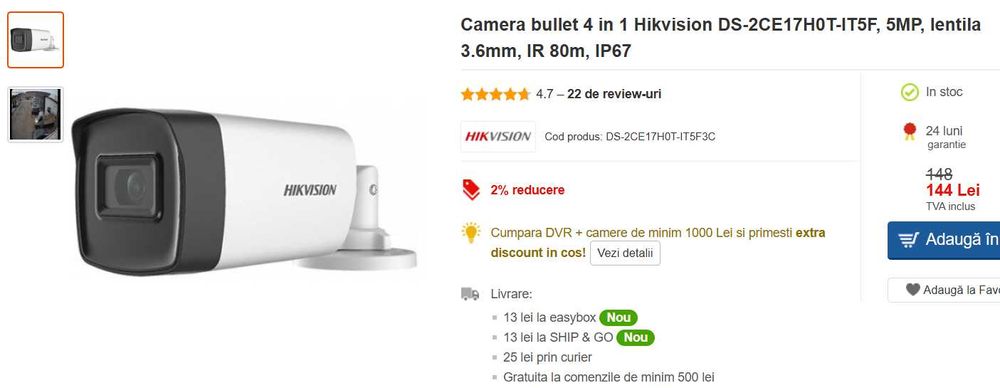 Sistem supraveghere video profesional Hikvision cu 2 camere 5 MP